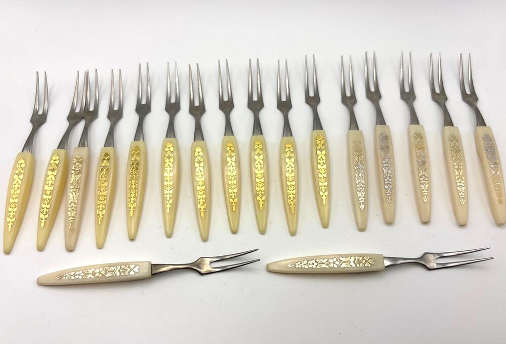 MCM Cocktail Little Forks (18) Celluloid Handle w/Gold/Silver Floral Decoration